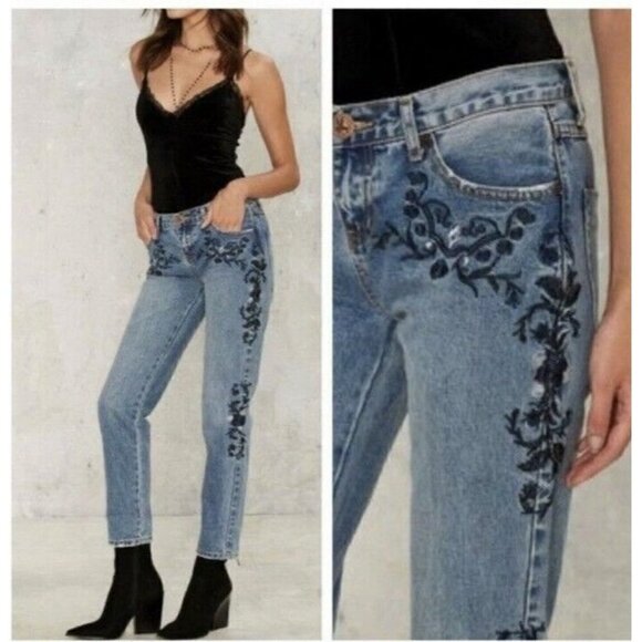 One Teaspoon Blue Muse Floral Embroidered Lola Awesome Baggie Jeans - Picture 1 of 10
